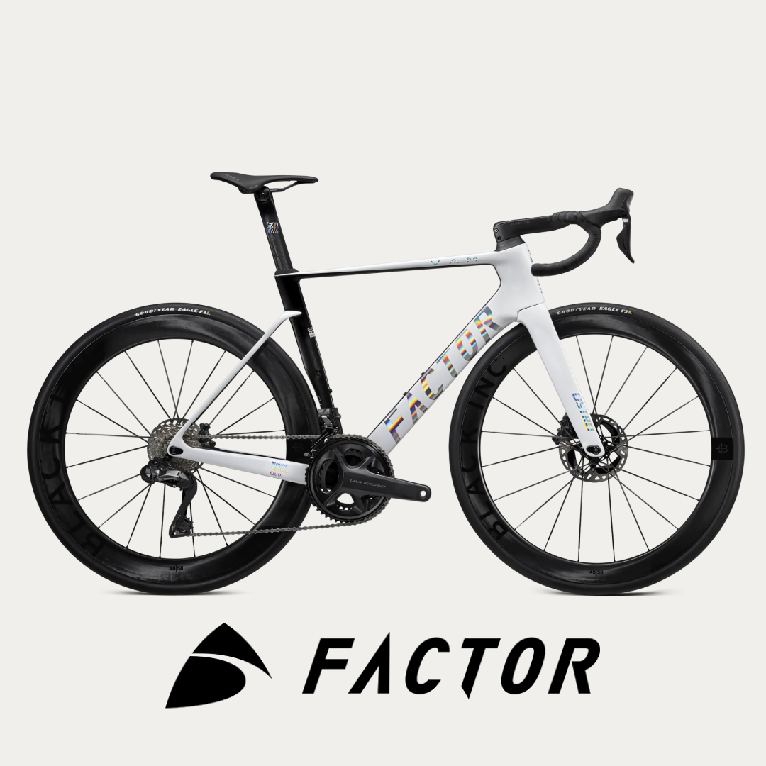 Factor's road bike is a picture of elegance with a white and black design, streamlined for efficiency and speed on the tarmac @ Bici.