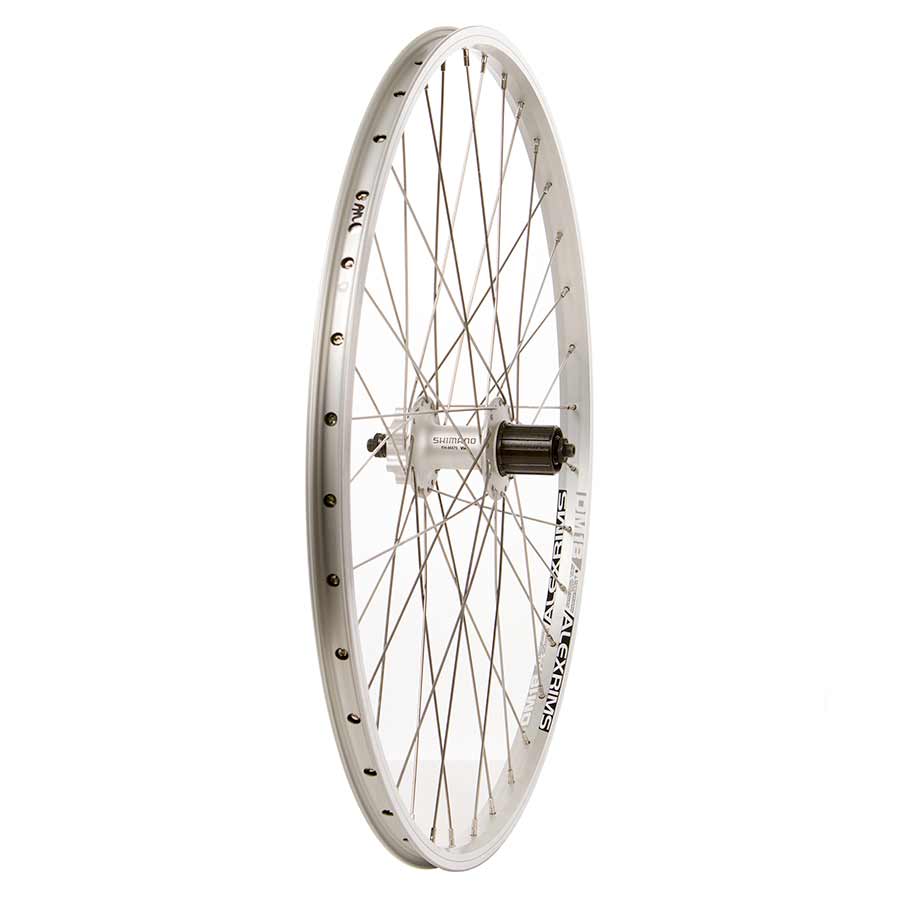 Wheel Shop Double Wall - 26" - Alex DM18 Silver/Stainless Silver Shimano FH-M475, Wheel, Rear, 26'' / 559, Holes: 36, QR, 135mm, Rim and Disc IS 6-bolt, Shimano HG / 26 Wheels