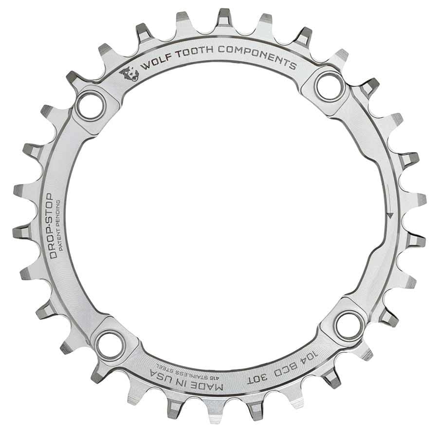 Wolf Tooth Components Stainless BCD 104mm Wolf Tooth Components, Stainless BCD 104mm, Chainring, Teeth: 30, Speed: 9-12, BCD: 104, Bolts: 4, Single, Stainless Steel, Silver Chainrings